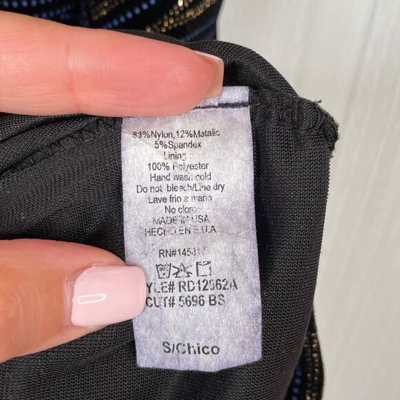 AKIRA Off Shoulder Mini Dress - Black/Gold/Blue - Picture 6 of 6